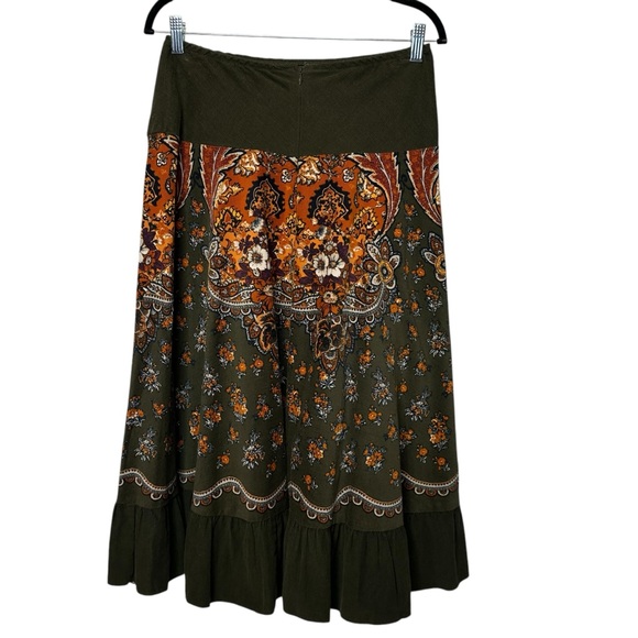 Vintage Dresses & Skirts - Vintage Y2K Corduroy Skirt Brown Orange Floral BOHO Prairie Ruffle Petite Small